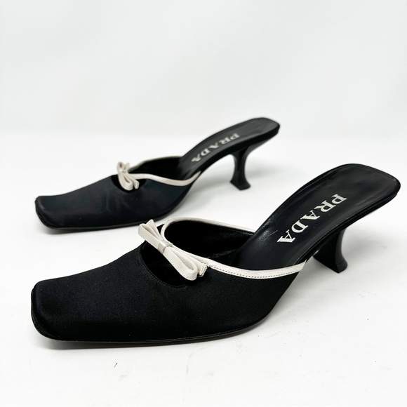 Prada Vintage Mules Black Satin Kitten Heels Bow Accent Size 36.5 - Picture 1 of 12